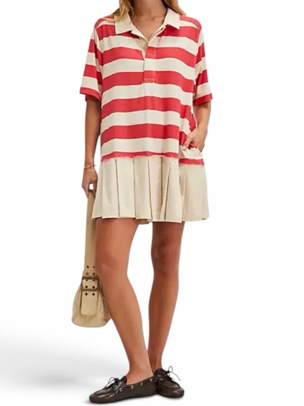 Free People Lucas Mini Dress in a sporty rugby-design Coral, Cream, pleated - Picture 7 of 8